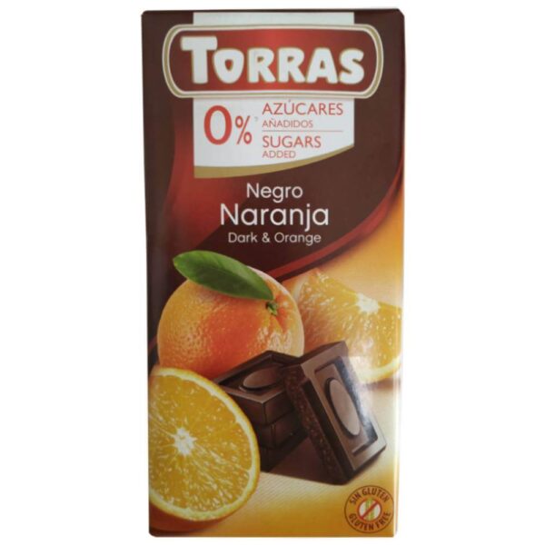 Σοκολάτα Μαύρη με Πορτοκάλι, Χωρίς Ζάχαρη, Torras, 75γρ