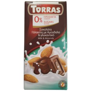 Σοκολάτα Γάλακτος με Αμύγδαλα, Χωρίς Ζάχαρη, Torras, 75γρ