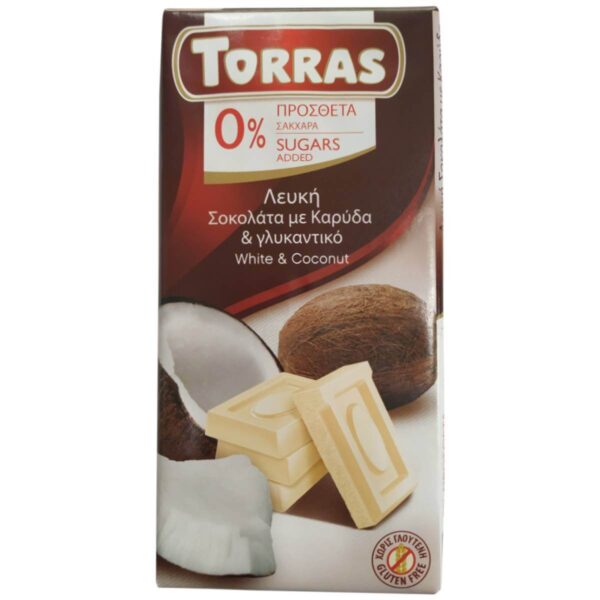 Σοκολάτα Λευκή με Καρύδα, Χωρίς Ζάχαρη, Torras, 75γρ