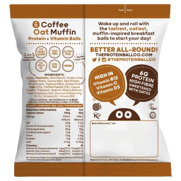 Coffee Oat Muffin, Μπάλες Πρωτεΐνης με Γεύση Καφέ, The Protein Ball Co, 45γρ