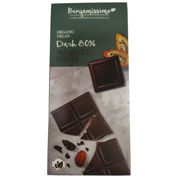 Μαύρη σοκολάτα 80% κακάο, Χωρίς Ζάχαρη, Bio, Benjamissimo, 70γρ
