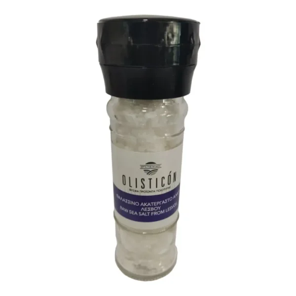 Θαλασσινό ακατέργαστο αλάτι Καλλονής Λέσβου, Γυάλινος Μύλος Olisticon, Έργα Γης Αιγαίου, 100γρ