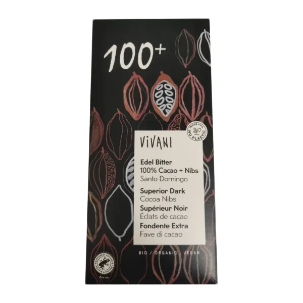 Μαύρη Σοκολάτα με 100% Κακάο & Κομμάτια Κακάο, Bio, Vivani, 80γρ