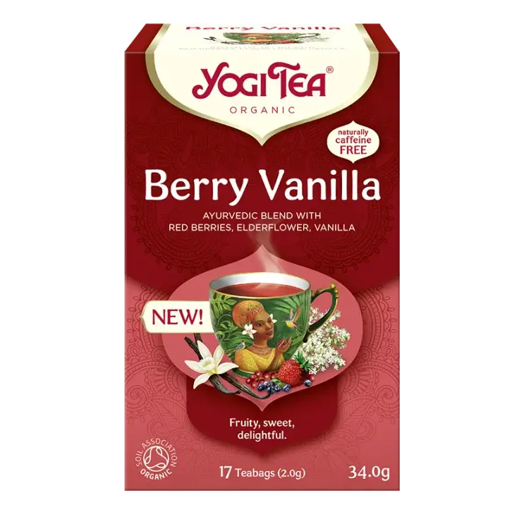 Yogi Tea Berry Vanilla, Μείγμα βοτάνων & μπαχαρικών αγιουβέρδα, κόκκινα μούρα, σαμπούκο & βανίλια, Bio, 17 φακελάκια