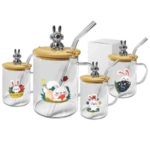 Κούπα με Καλαμάκι Γυάλινη Κλείνει με Ξύλο Happy Rabbit, 10x8cm, 400ml, Bunny’s